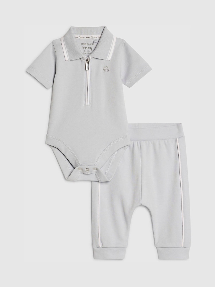 River Island Blue Zip Polo Tipped Bodysuit Set - Image 1 of 4