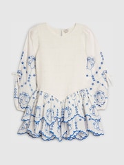 River Island White Long Sleeve Embroidered Shirred Dress - Image 1 of 4
