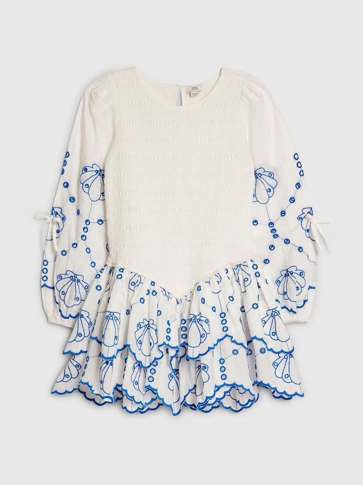River Island White Long Sleeve Embroidered Shirred Dress - Image 1 of 4