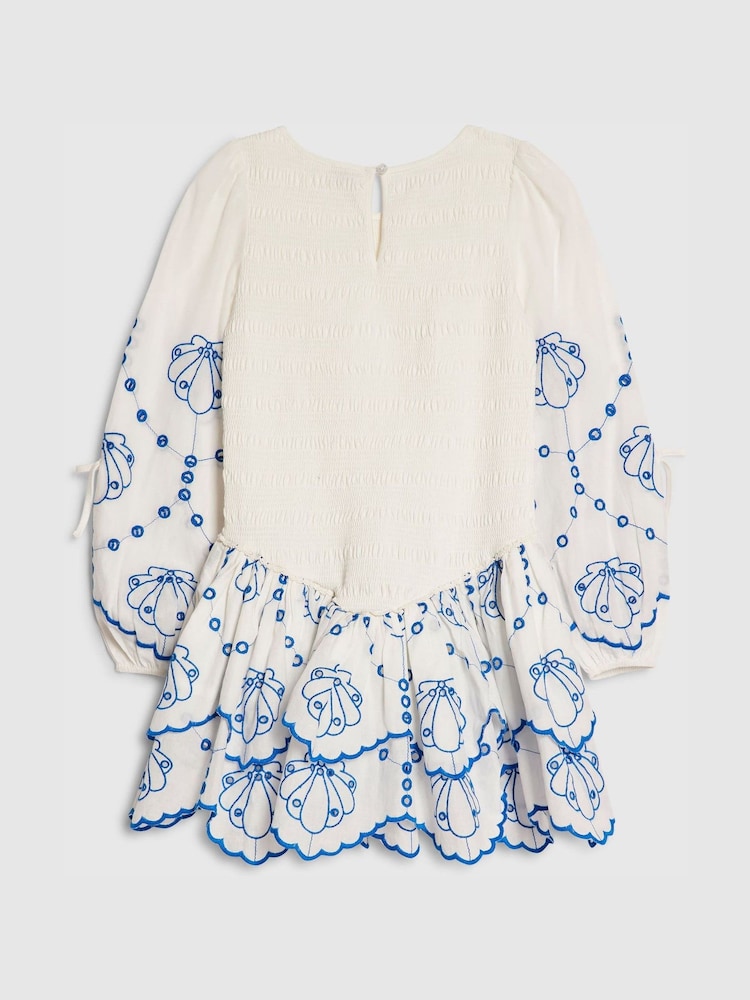 River Island White Long Sleeve Embroidered Shirred Dress - Image 2 of 4