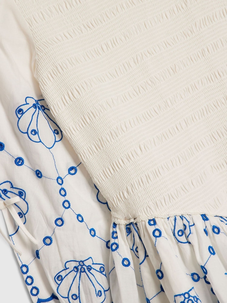 River Island White Long Sleeve Embroidered Shirred Dress - Image 4 of 4