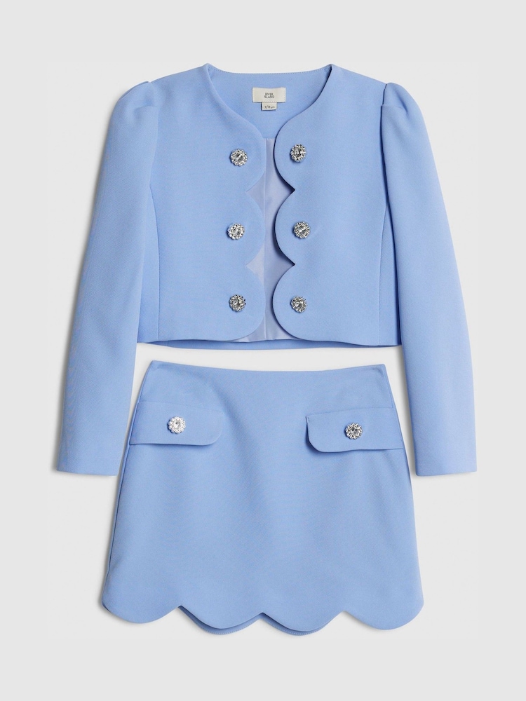 River Island Blue Boucle Scallop Blazer & Skirt Set - Image 1 of 4