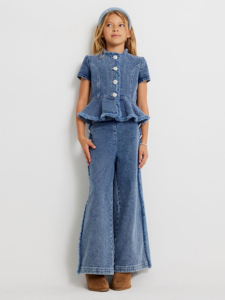 River Island Blue Denim Button Peplum Top and Joggers Set - Image 1 of 4