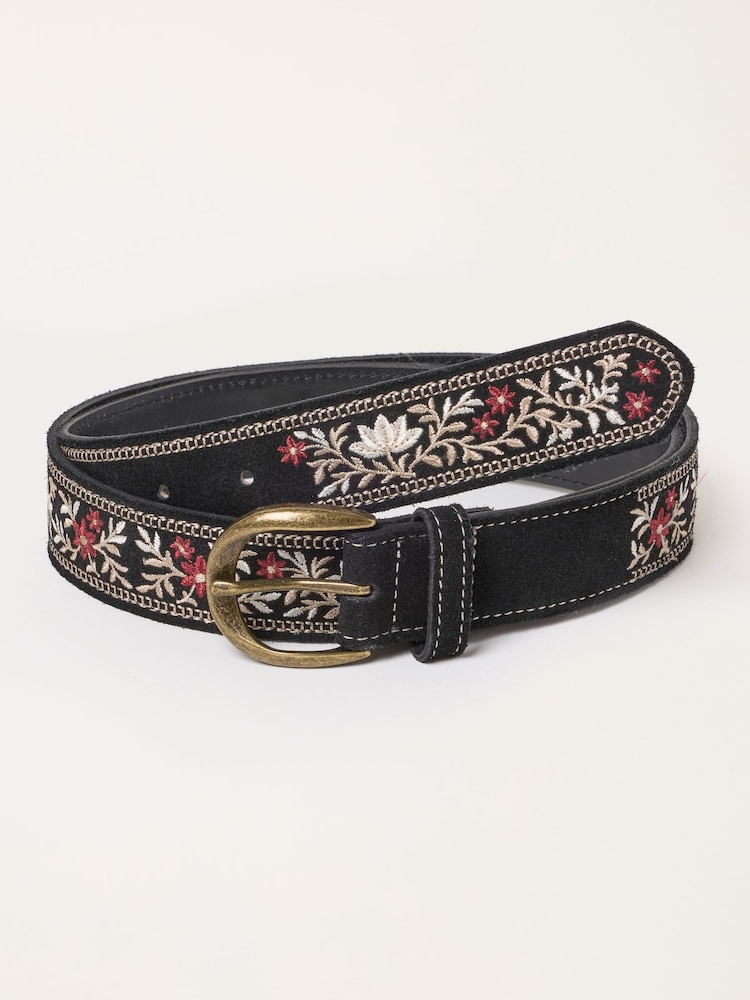 FatFace Black Floral Embroidered Suede Belt - Image 1 of 3 FatFace Black Floral Embroidered Suede Belt - Image 1 of 3