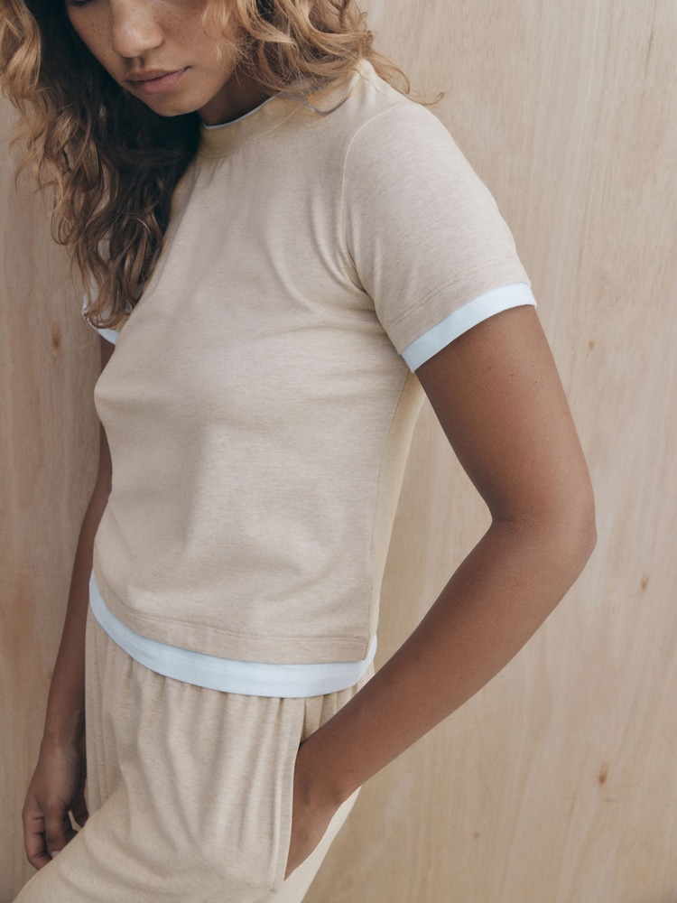 self. Oatmeal Short Sleeve Layered Pyjamas - Image 6 of 6 self. Oatmeal Short Sleeve Layered Pyjamas - Image 6 of 6