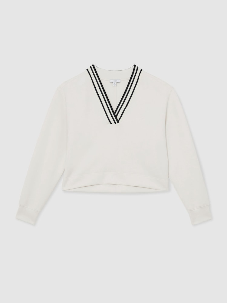 Reiss Ivory Verity Premium Interlock Tipped Cropped Sweatshirt - Image 2 of 5 Reiss Ivory Verity Premium Interlock Tipped Cropped Sweatshirt - Image 2 of 5