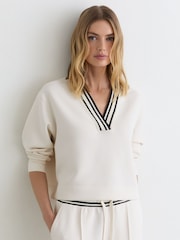 Reiss Ivory Verity Premium Interlock Tipped Cropped Sweatshirt - Image 3 of 5