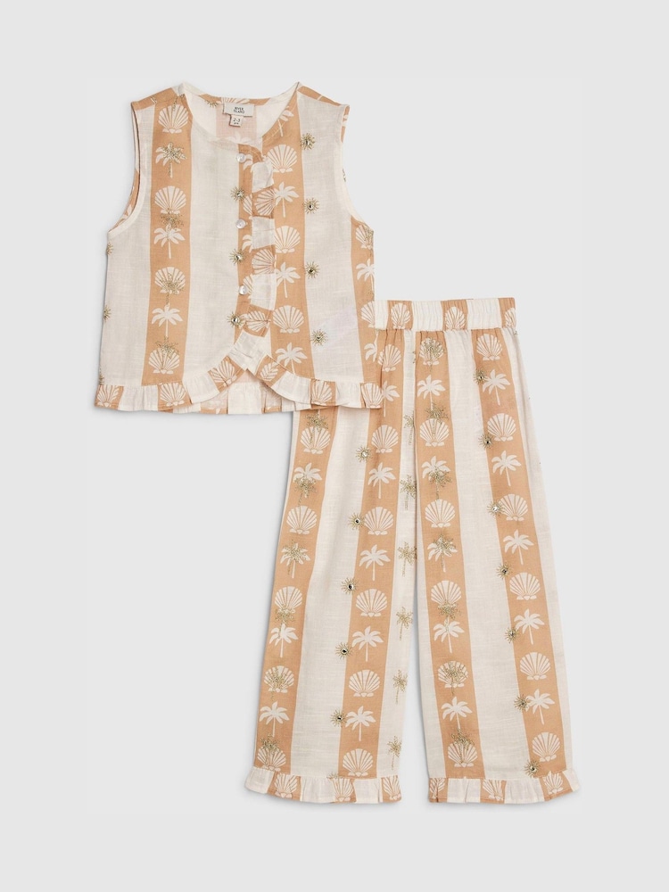 River Island Cream Shell Stripe Waistcoat & Trousers Set - Image 1 of 5