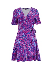 Pour Moi Blue/Pink Birdie Stretch Viscose Jersey Wrap Front Dress - Image 3 of 4