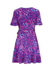 Pour Moi Blue/Pink Birdie Stretch Viscose Jersey Wrap Front Dress - Image 4 of 4