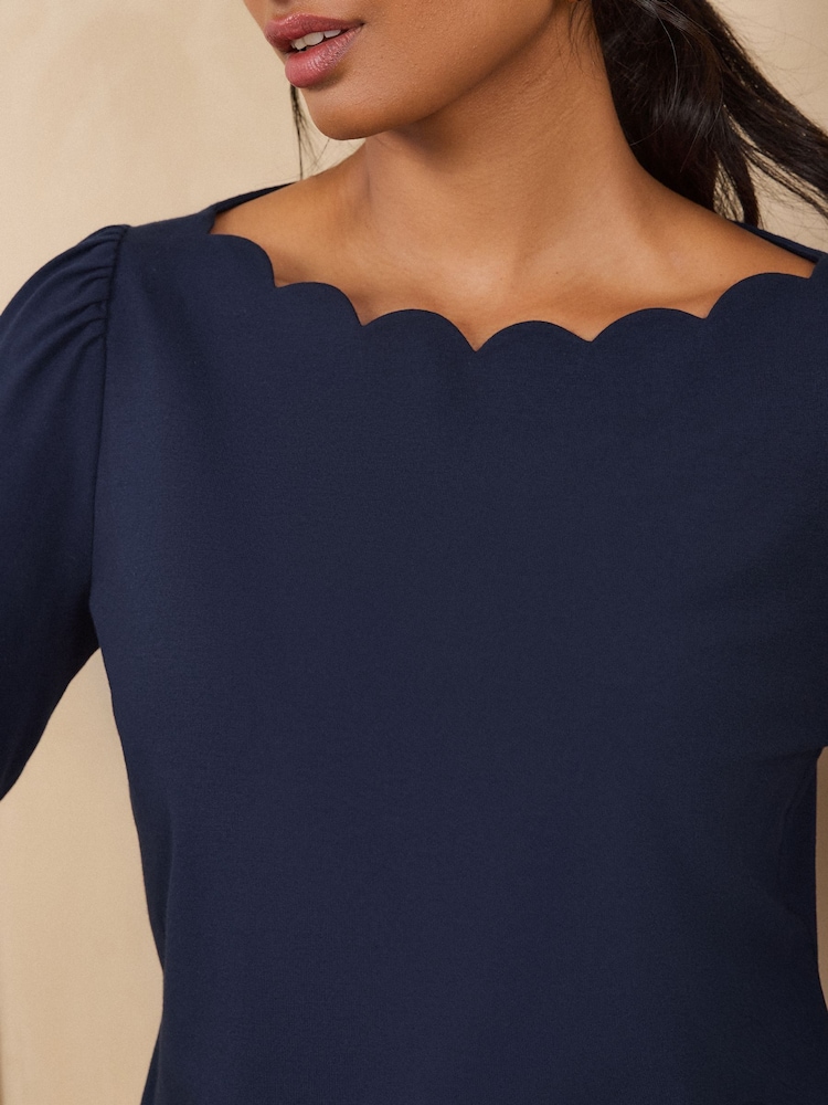 Love & Roses Navy Blue Scallop Boat Neck Long Sleeve Top - Image 2 of 4
