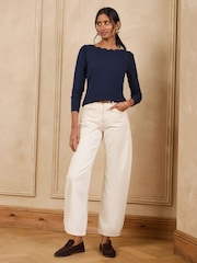 Love & Roses Navy Blue Scallop Boat Neck Long Sleeve Top - Image 3 of 4