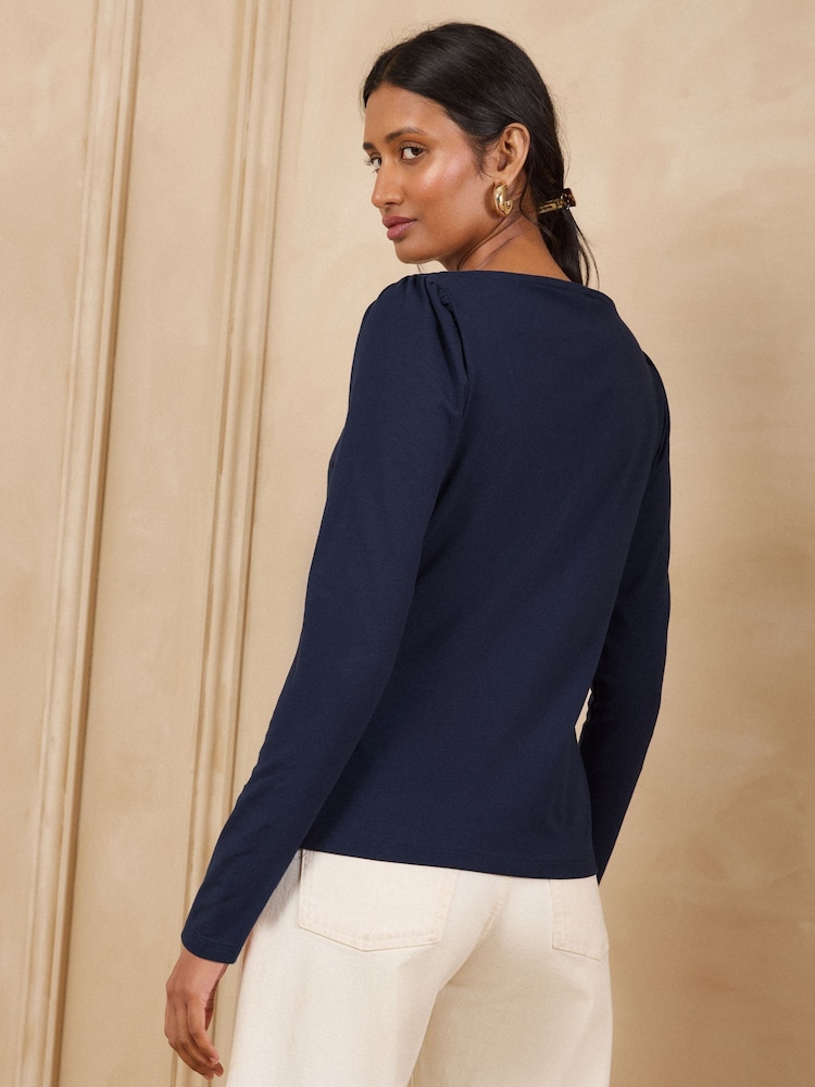 Love & Roses Navy Blue Scallop Boat Neck Long Sleeve Top - Image 4 of 4