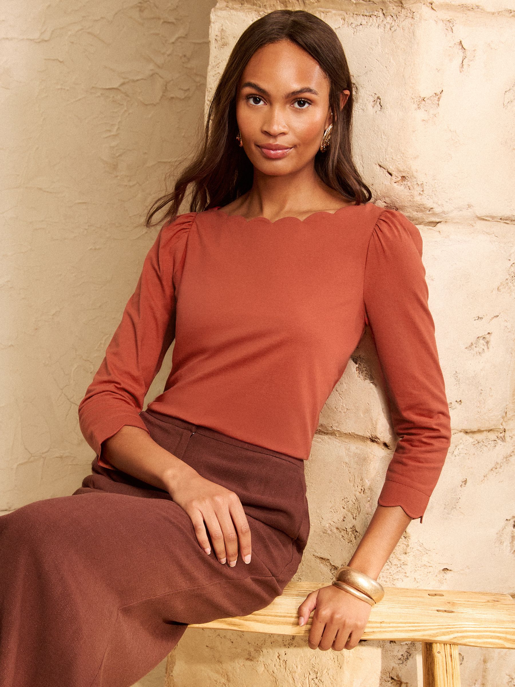Buy Love & Roses Rust Brown Scallop Boat Neck 3/4 Sleeve Jersey
