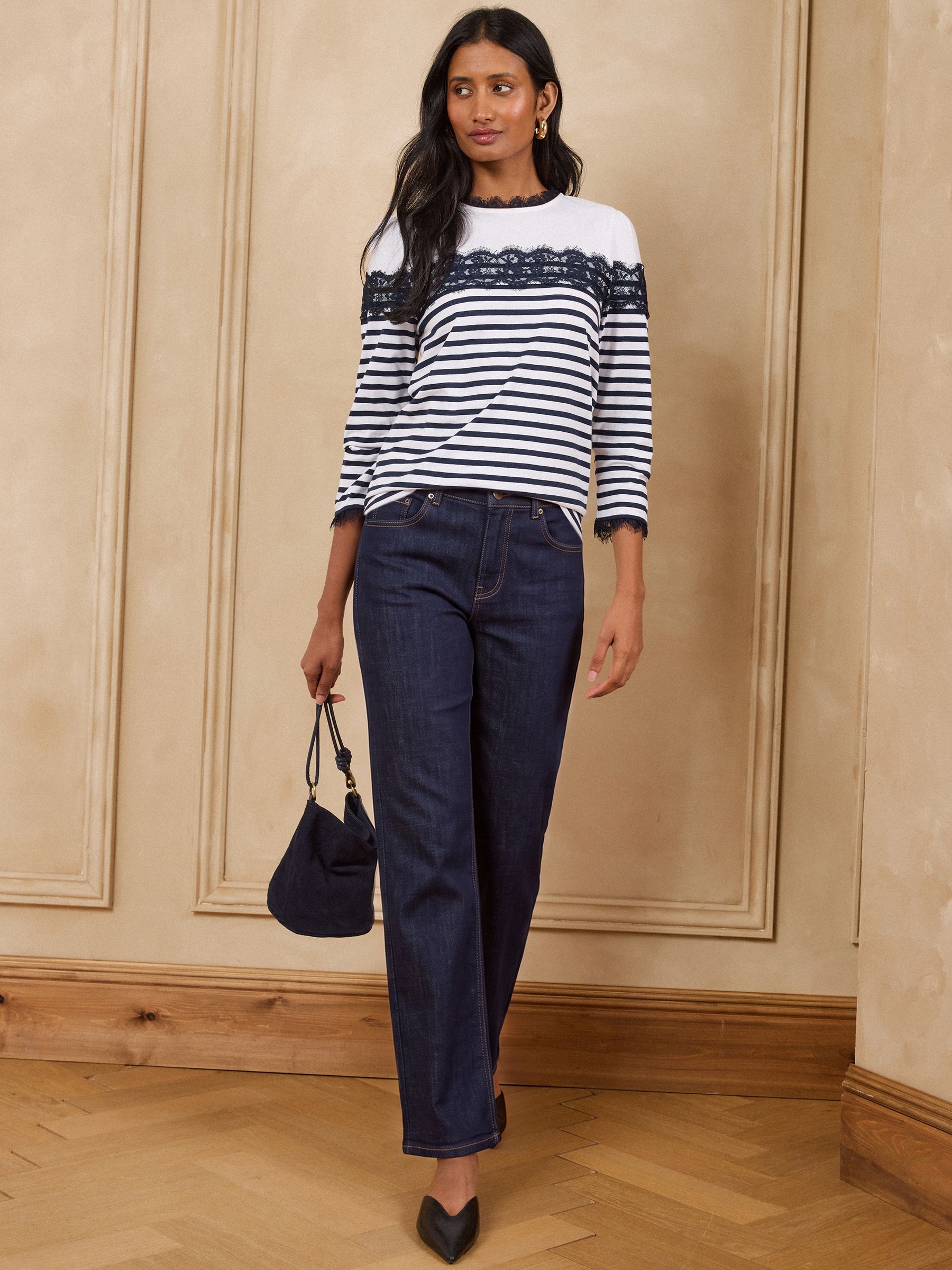 Buy Love & Roses Ivory and Navy Lace Yoke Stripe 3/4 Sleeve Top
