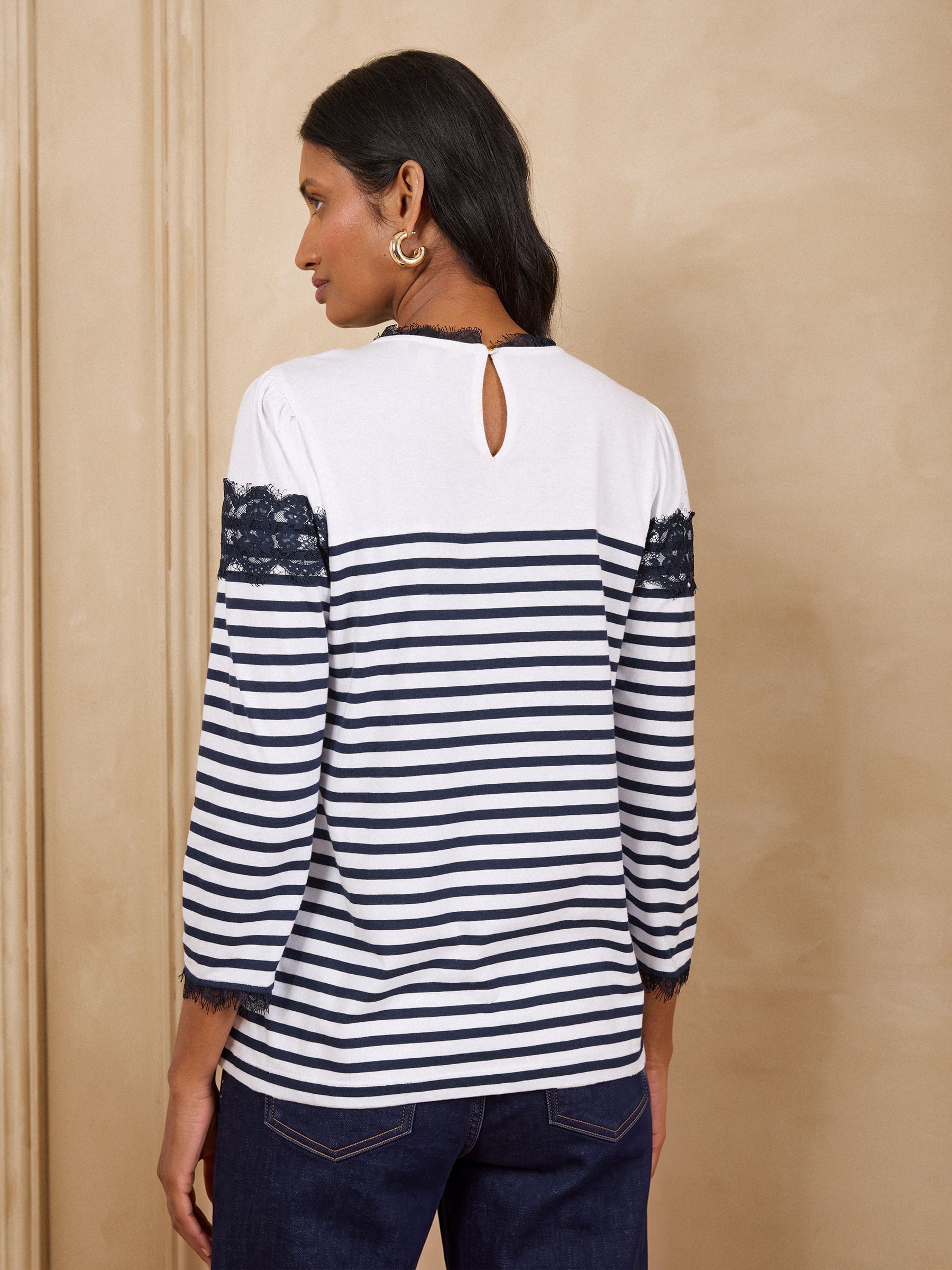 Buy Love & Roses Ivory and Navy Lace Yoke Stripe 3/4 Sleeve Top
