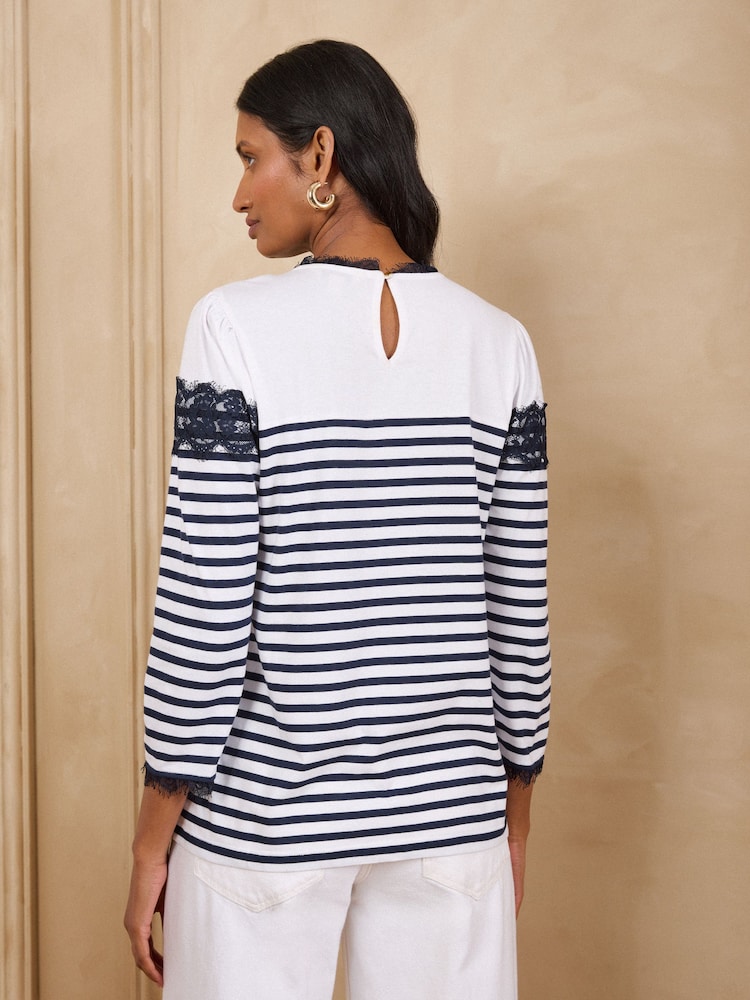 Love & Roses Ivory and Navy Lace Yoke Stripe 3/4 Sleeve Top - Image 5 of 5