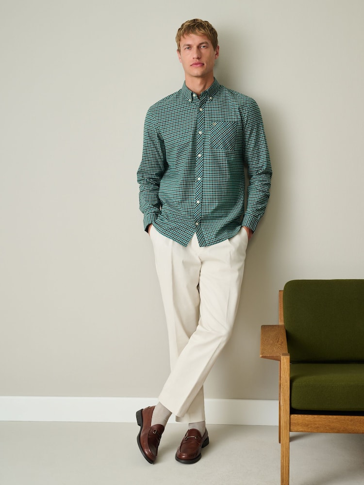 Dark Green Stretch Oxford Check Long Sleeve Shirt - Image 2 of 5