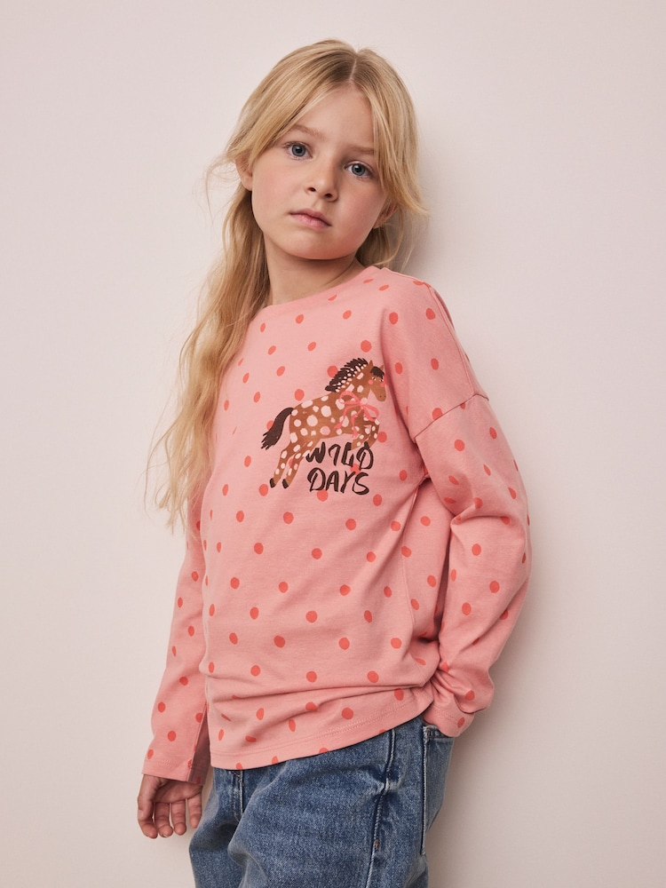 Pink Spot Horse Long Sleeve Top (3-16yrs) - Image 1 of 4 Pink Spot Horse Long Sleeve Top (3-16yrs) - Image 1 of 4