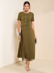 Friends Like These Bottle Green Short Sleeve 2 in 1 Pleated Midi Dress - Image 1 of 5