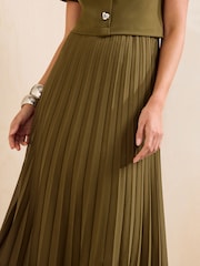 Friends Like These Bottle Green Short Sleeve 2 in 1 Pleated Midi Dress - Image 2 of 5