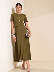 Friends Like These Bottle Green Short Sleeve 2 in 1 Pleated Midi Dress - Image 3 of 5