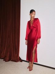 Friends Like These Red Long Sleeve Lace Insert Satin Midi Dress - Image 3 of 5