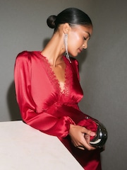 Friends Like These Red Long Sleeve Lace Insert Satin Midi Dress - Image 5 of 5