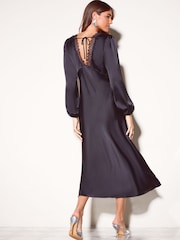 Friends Like These Black Long Sleeve Lace Insert Satin Midi Dress - Image 6 of 7
