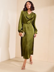 Friends Like These Olive Green Satin Cowl Neck Long Sleeve Midi Dress - Image 1 of 5