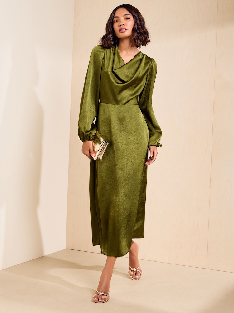 Friends Like These Olive Green Satin Cowl Neck Long Sleeve Midi Dress - Image 1 of 5