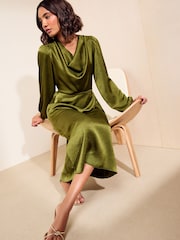 Friends Like These Olive Green Satin Cowl Neck Long Sleeve Midi Dress - Image 2 of 5