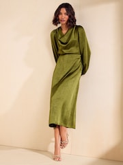 Friends Like These Olive Green Satin Cowl Neck Long Sleeve Midi Dress - Image 3 of 5