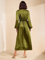 Friends Like These Olive Green Satin Cowl Neck Long Sleeve Midi Dress - Image 5 of 5