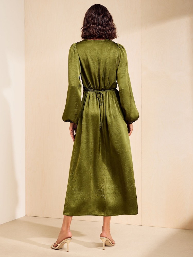 Friends Like These Olive Green Satin Cowl Neck Long Sleeve Midi Dress - Image 5 of 5
