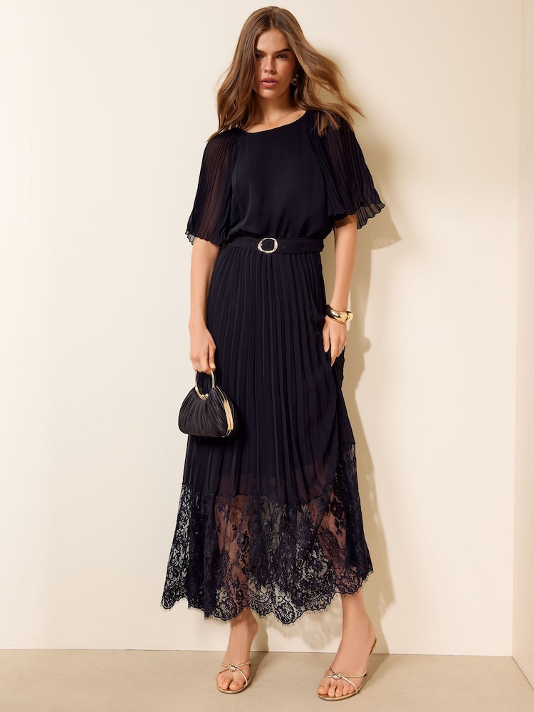 Friends Like These Black Pleated Short Sleeve Lace Hem Midi Dress - Image 1 of 5