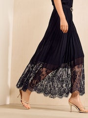 Friends Like These Black Pleated Short Sleeve Lace Hem Midi Dress - Image 2 of 5