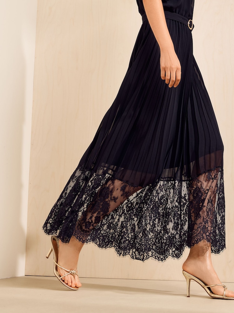 Friends Like These Black Pleated Short Sleeve Lace Hem Midi Dress - Image 2 of 5