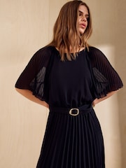 Friends Like These Black Pleated Short Sleeve Lace Hem Midi Dress - Image 4 of 5