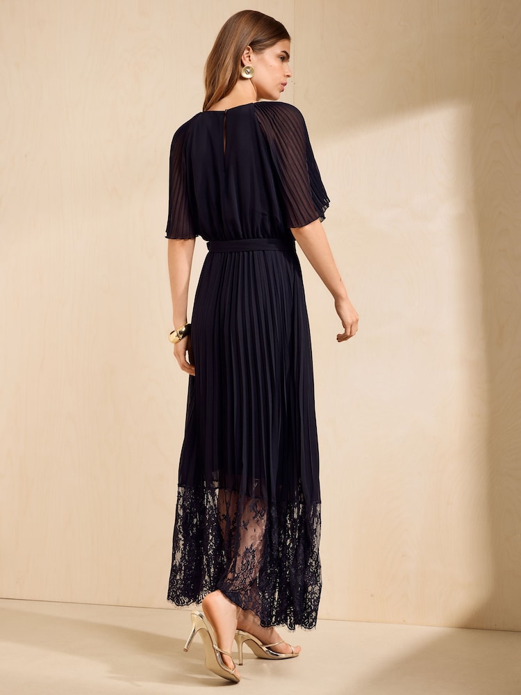 Friends Like These Black Pleated Short Sleeve Lace Hem Midi Dress - Image 5 of 5