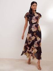 Friends Like These Black/Neutral Blurred Floral Ruffle Sleeve Midi Dress - Image 1 of 5