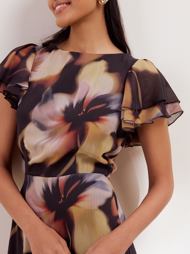 Friends Like These Black/Neutral Blurred Floral Ruffle Sleeve Midi Dress - Image 2 of 5 Friends Like These Black/Neutral Blurred Floral Ruffle Sleeve Midi Dress - Image 2 of 5