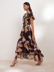 Friends Like These Black/Neutral Blurred Floral Ruffle Sleeve Midi Dress - Image 3 of 5