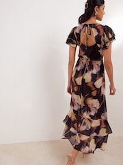 Friends Like These Black/Neutral Blurred Floral Ruffle Sleeve Midi Dress - Image 5 of 5