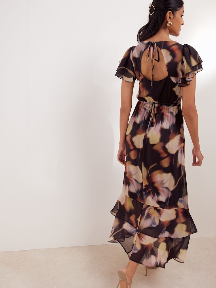 Friends Like These Black/Neutral Blurred Floral Ruffle Sleeve Midi Dress - Image 5 of 5 Friends Like These Black/Neutral Blurred Floral Ruffle Sleeve Midi Dress - Image 5 of 5