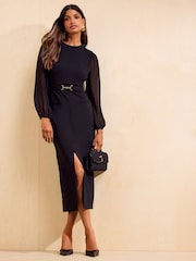 Friends Like These Black Chiffon Long Sleeve Pencil Midi Dress - Image 1 of 5