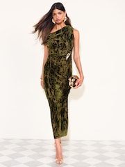 Zeytun Yaşıl - Friends Like These Manipulated Hardware Velvet Dress - 5şəkildən 1 şəkil