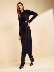 Черный - Friends Like These Cosy Long Sleeve Hardware Detail Midi Dress - Изображение 1 5
