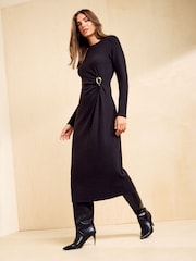 Черный - Friends Like These Cosy Long Sleeve Hardware Detail Midi Dress - Изображение 4 5