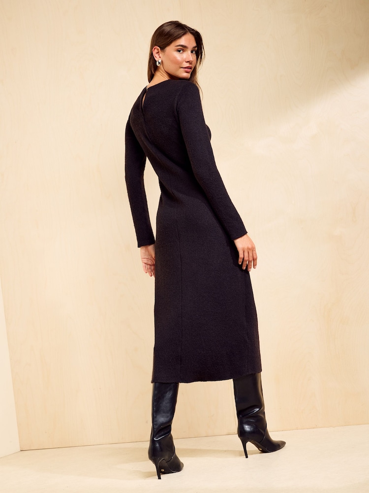 Черный - Friends Like These Cosy Long Sleeve Hardware Detail Midi Dress - Изображение 5 5
